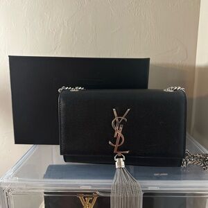 Saint Laurent Black Leather Chain Tassel Crossbody